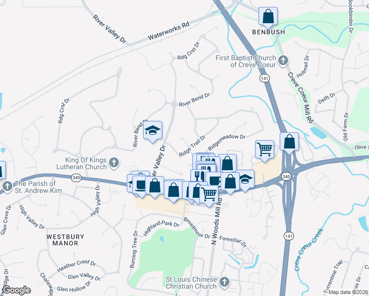map of restaurants, bars, coffee shops, grocery stores, and more near 295 Ridge Trail Drive in Chesterfield