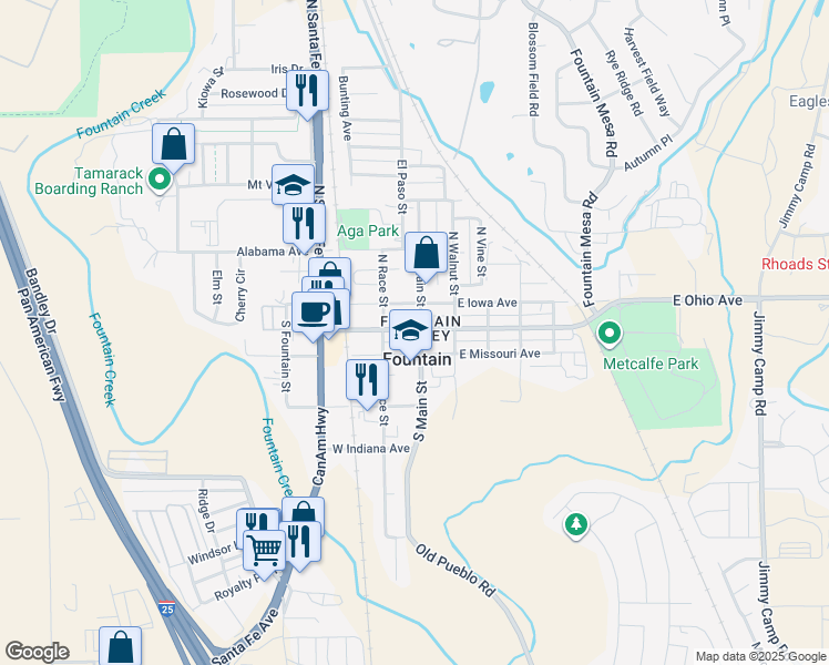 map of restaurants, bars, coffee shops, grocery stores, and more near 101 South Main Street in Fountain