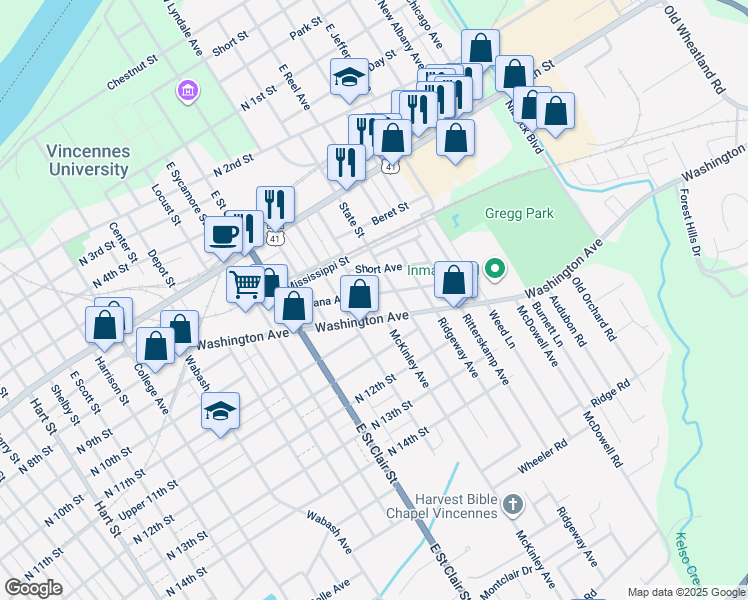 map of restaurants, bars, coffee shops, grocery stores, and more near 833 Carbon Street in Vincennes