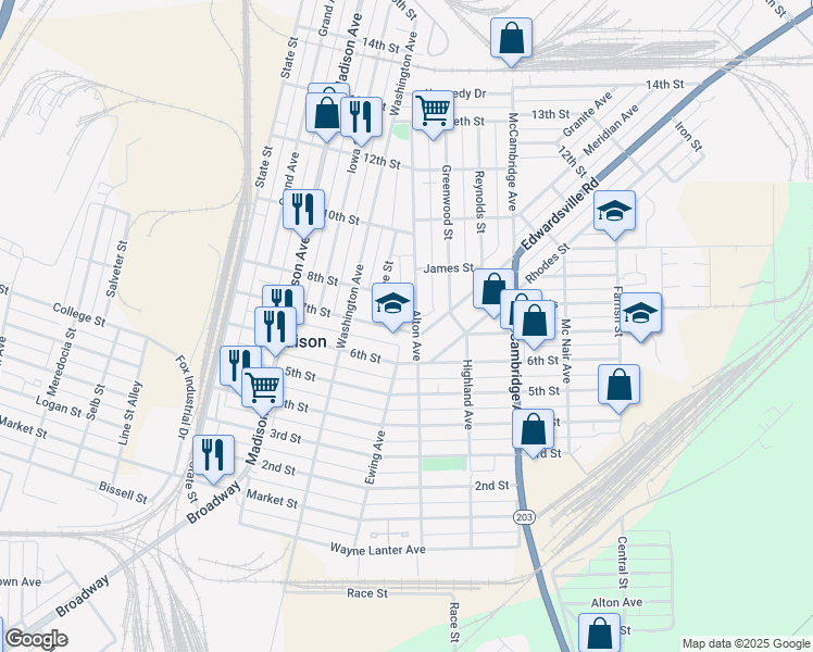 map of restaurants, bars, coffee shops, grocery stores, and more near 1651 7th Street in Madison