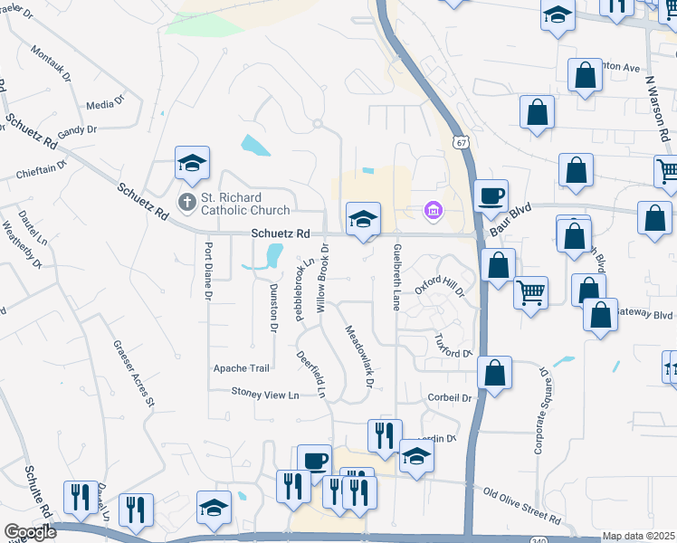 map of restaurants, bars, coffee shops, grocery stores, and more near 115 Willow Brook Drive in St. Louis