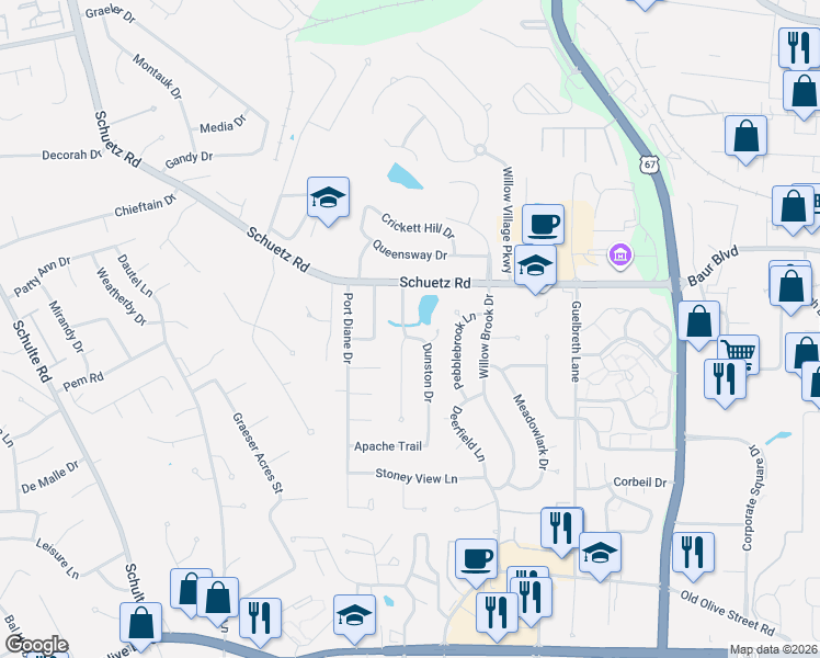 map of restaurants, bars, coffee shops, grocery stores, and more near 11140 Schuetz Road in St. Louis