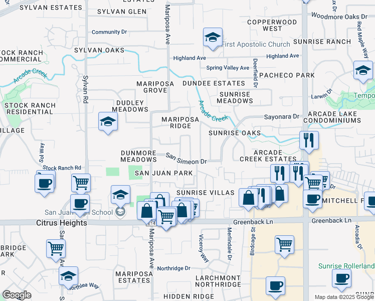 map of restaurants, bars, coffee shops, grocery stores, and more near 6421 Feliciter Way in Citrus Heights