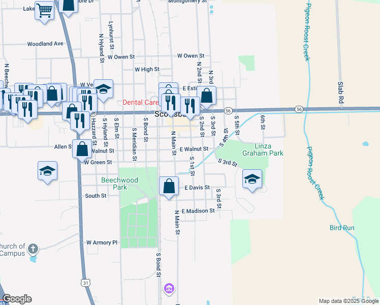map of restaurants, bars, coffee shops, grocery stores, and more near 287 South 1st Street in Scottsburg
