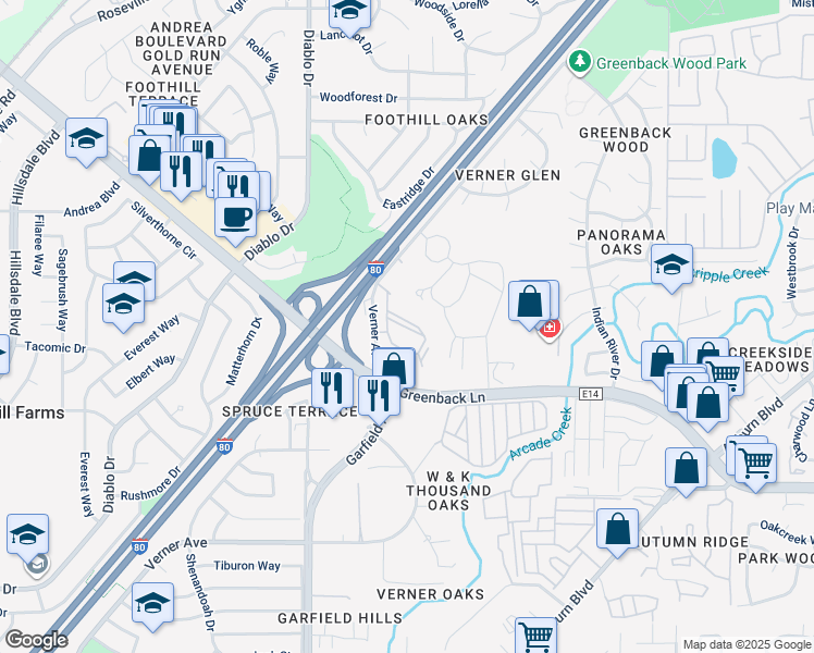 map of restaurants, bars, coffee shops, grocery stores, and more near 6430 Verner Avenue in Sacramento