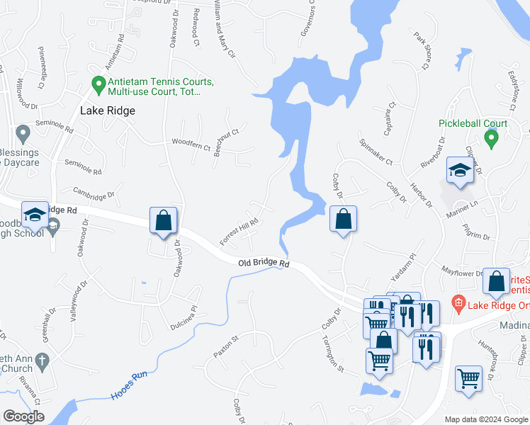 map of restaurants, bars, coffee shops, grocery stores, and more near 2525 Doverhill Court in Woodbridge