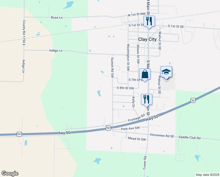 map of restaurants, bars, coffee shops, grocery stores, and more near 797-895 Sunset Road Southwest in Clay City