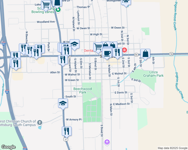 map of restaurants, bars, coffee shops, grocery stores, and more near 270 South Bond Street in Scottsburg