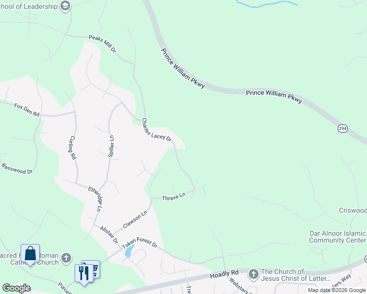 map of restaurants, bars, coffee shops, grocery stores, and more near 12303 Charles Lacey Drive in Manassas