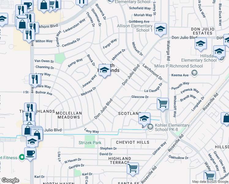 map of restaurants, bars, coffee shops, grocery stores, and more near in North Highlands