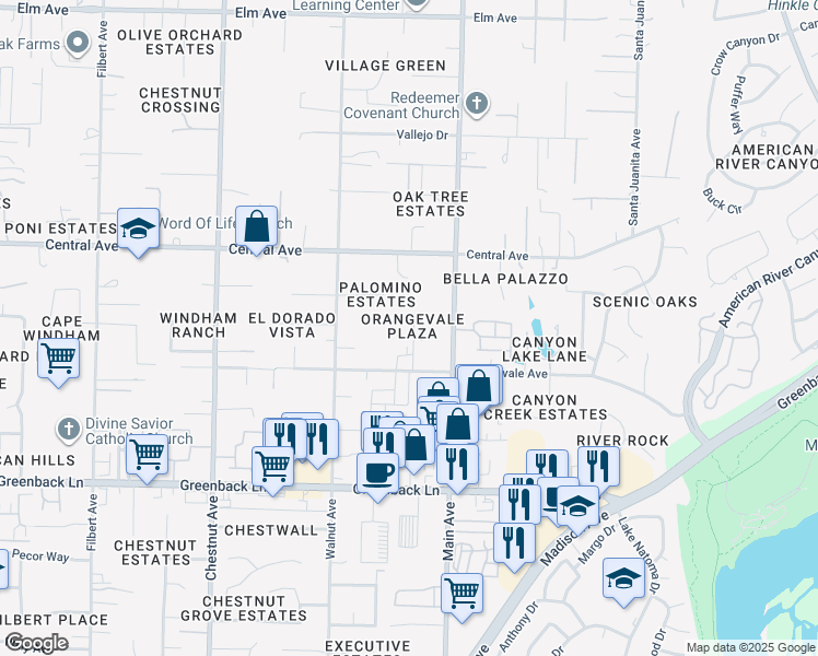 map of restaurants, bars, coffee shops, grocery stores, and more near 6519 Main Avenue in Orangevale