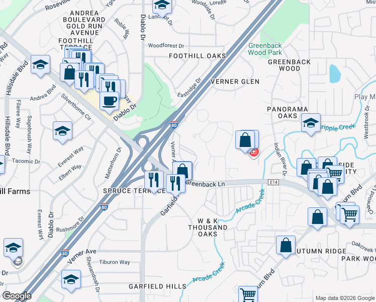 map of restaurants, bars, coffee shops, grocery stores, and more near 6430 Verner Avenue in Sacramento