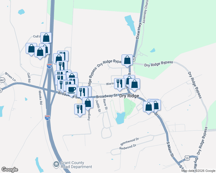 map of restaurants, bars, coffee shops, grocery stores, and more near 39 Warsaw Avenue in Dry Ridge