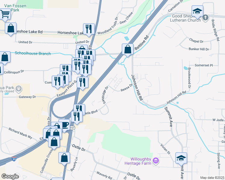 map of restaurants, bars, coffee shops, grocery stores, and more near 616 Reese Drive in Collinsville