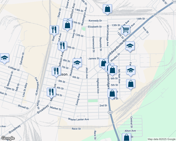 map of restaurants, bars, coffee shops, grocery stores, and more near 1723 Edwardsville Road in Madison