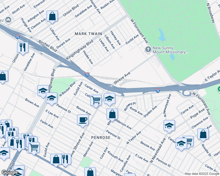 map of restaurants, bars, coffee shops, grocery stores, and more near 5011 Shreve Ave in St Louis