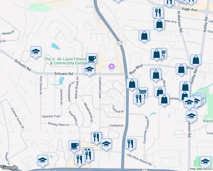 map of restaurants, bars, coffee shops, grocery stores, and more near 10358 Chimney Rock Drive in St. Louis