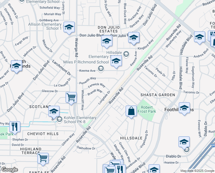 map of restaurants, bars, coffee shops, grocery stores, and more near 4525 Fenwick Way in North Highlands