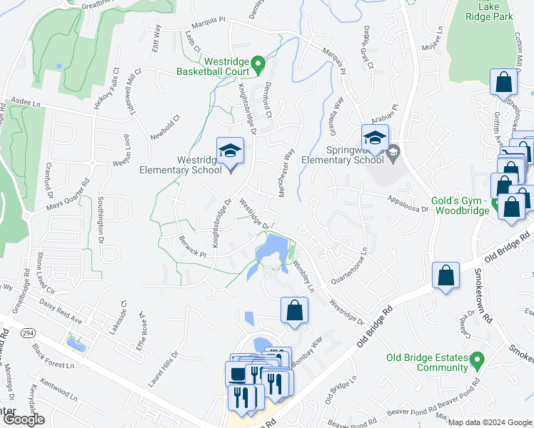 map of restaurants, bars, coffee shops, grocery stores, and more near 12424 Abbey Knoll Court in Woodbridge