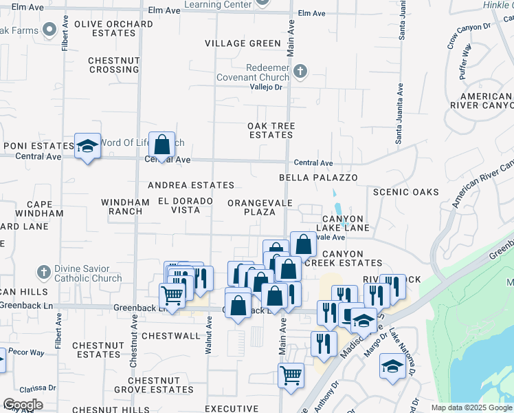 map of restaurants, bars, coffee shops, grocery stores, and more near 6431 Benning Street in Orangevale