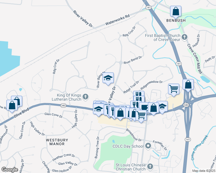 map of restaurants, bars, coffee shops, grocery stores, and more near 224 River Valley Drive in Chesterfield