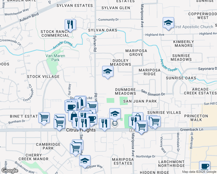 map of restaurants, bars, coffee shops, grocery stores, and more near 6444 Sylvan Road in Citrus Heights