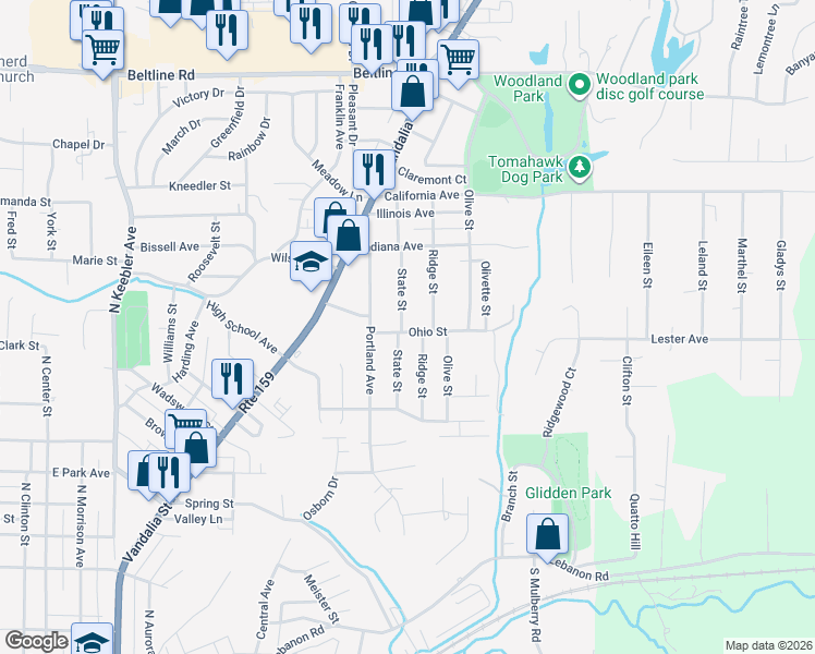 map of restaurants, bars, coffee shops, grocery stores, and more near 1204 State Street in Collinsville