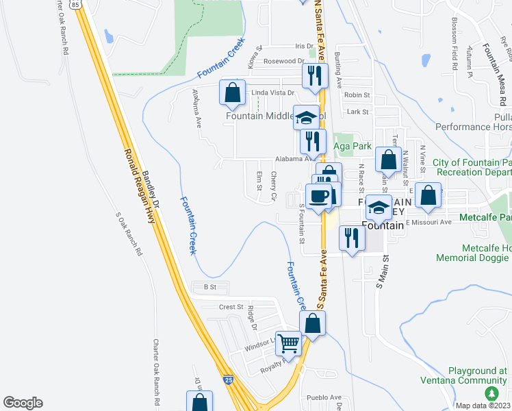 map of restaurants, bars, coffee shops, grocery stores, and more near 140 Cherry Circle in Fountain