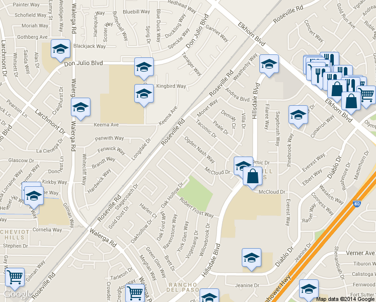 map of restaurants, bars, coffee shops, grocery stores, and more near 6124 Jack London Circle in Sacramento