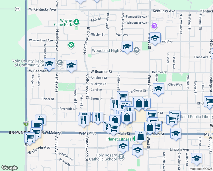 map of restaurants, bars, coffee shops, grocery stores, and more near 142 Buckeye Street in Woodland