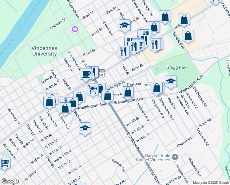 map of restaurants, bars, coffee shops, grocery stores, and more near 809 De Wolf Street in Vincennes