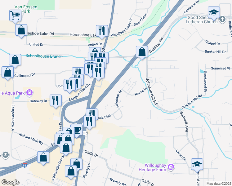 map of restaurants, bars, coffee shops, grocery stores, and more near 201 Sandridge Drive in Collinsville