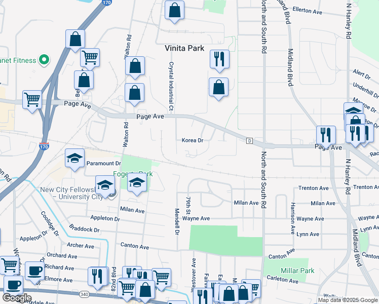 map of restaurants, bars, coffee shops, grocery stores, and more near 8547 Gulf Drive in University City