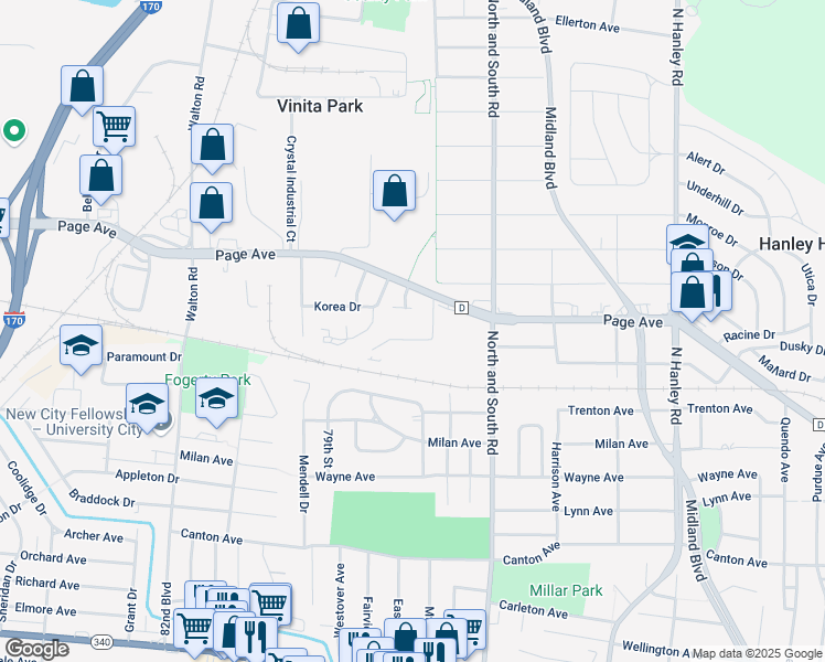 map of restaurants, bars, coffee shops, grocery stores, and more near 8419 Atherton Drive in St. Louis