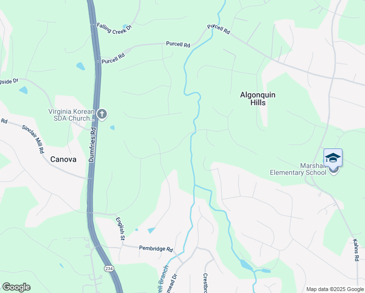 map of restaurants, bars, coffee shops, grocery stores, and more near 7889 Sly Fox Lane in Manassas