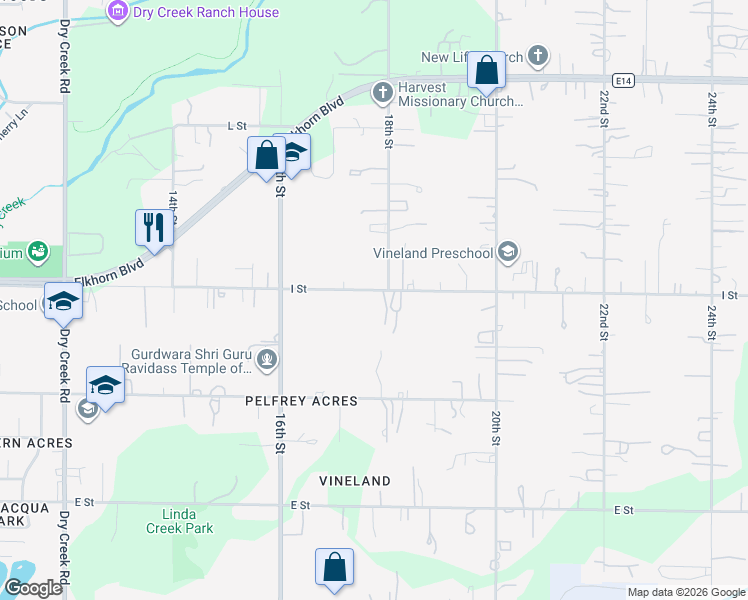 map of restaurants, bars, coffee shops, grocery stores, and more near 1720 I Street in Rio Linda