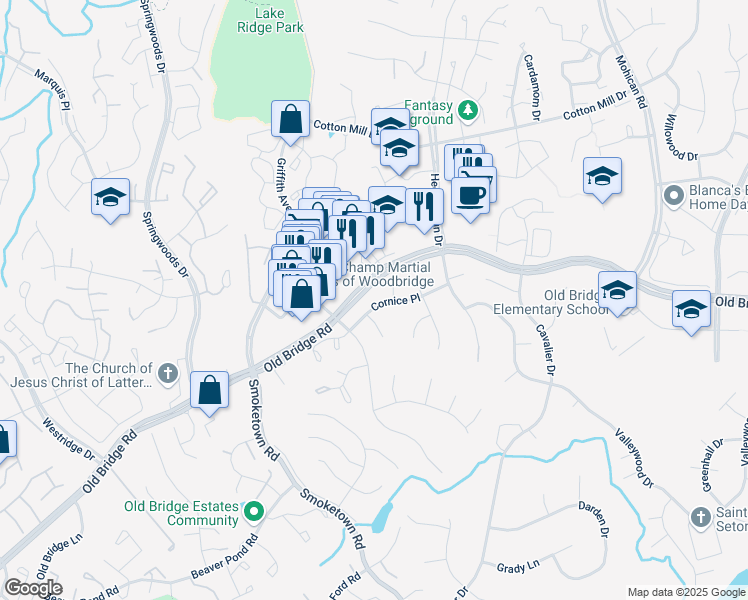 map of restaurants, bars, coffee shops, grocery stores, and more near 3486 Cornice Place in Woodbridge