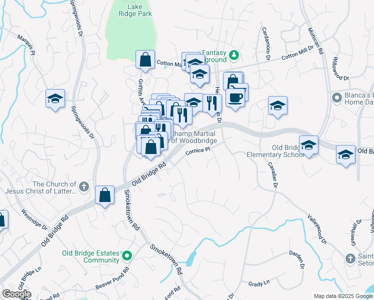 map of restaurants, bars, coffee shops, grocery stores, and more near 3486 Cornice Place in Woodbridge