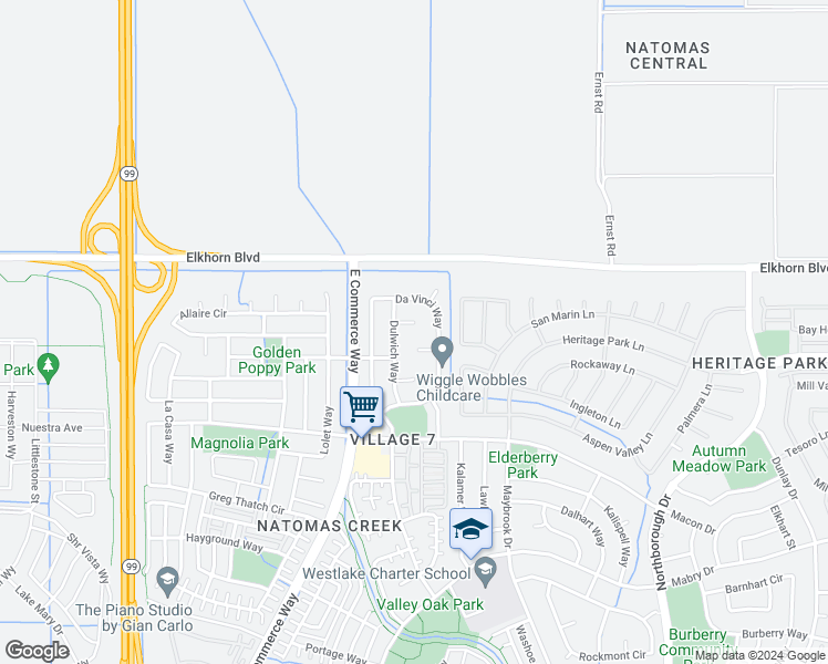 map of restaurants, bars, coffee shops, grocery stores, and more near 24 O'Keefe Court in Sacramento