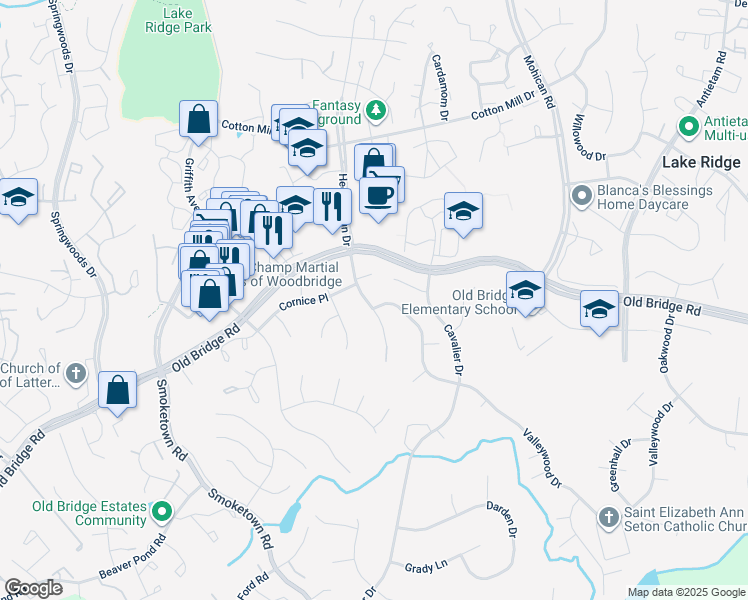 map of restaurants, bars, coffee shops, grocery stores, and more near 12497 Hedges Run Drive in Woodbridge