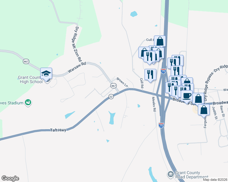 map of restaurants, bars, coffee shops, grocery stores, and more near 26 Taft Highway in Dry Ridge