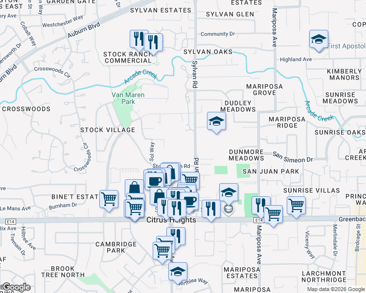 map of restaurants, bars, coffee shops, grocery stores, and more near 6501 Sylvan Road in Citrus Heights