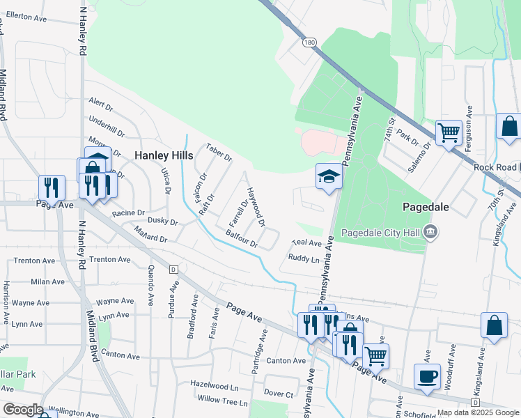 map of restaurants, bars, coffee shops, grocery stores, and more near 7505 Haywood Drive in Saint Louis