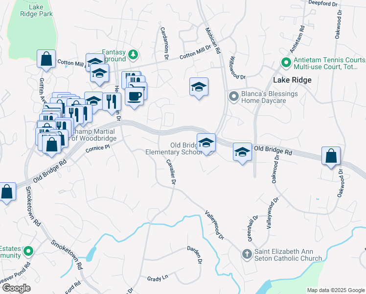 map of restaurants, bars, coffee shops, grocery stores, and more near 12513 Cassandra Court in Woodbridge