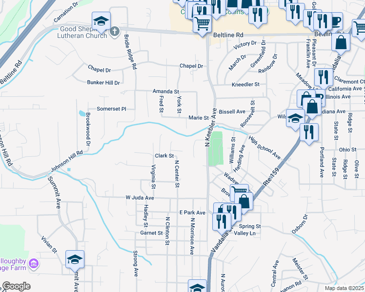 map of restaurants, bars, coffee shops, grocery stores, and more near 5B Holloway Drive in Collinsville
