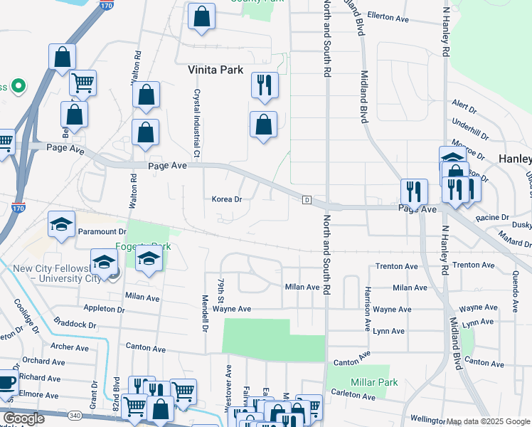 map of restaurants, bars, coffee shops, grocery stores, and more near 8419 Atherton Drive in St. Louis
