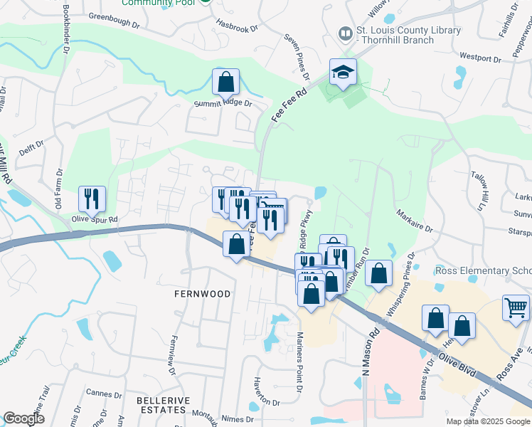 map of restaurants, bars, coffee shops, grocery stores, and more near 12818 Portulaca Drive in St. Louis