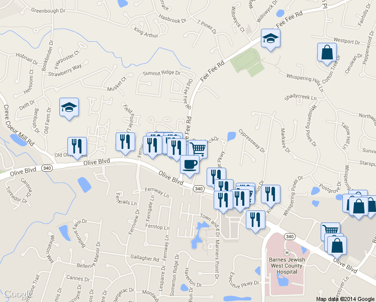 map of restaurants, bars, coffee shops, grocery stores, and more near 12915 Burning Bush Court in St. Louis