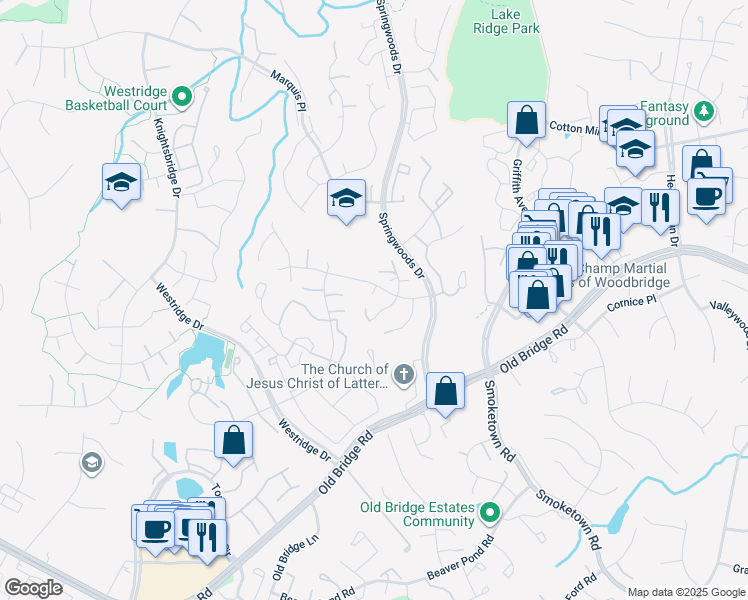 map of restaurants, bars, coffee shops, grocery stores, and more near 3815 Appaloosa Drive in Woodbridge
