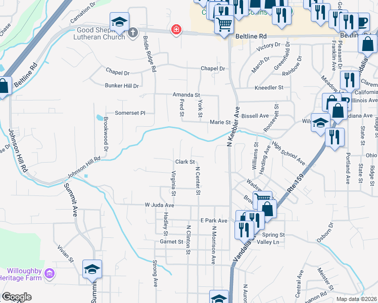 map of restaurants, bars, coffee shops, grocery stores, and more near 1211 Woodbridge Street in Collinsville